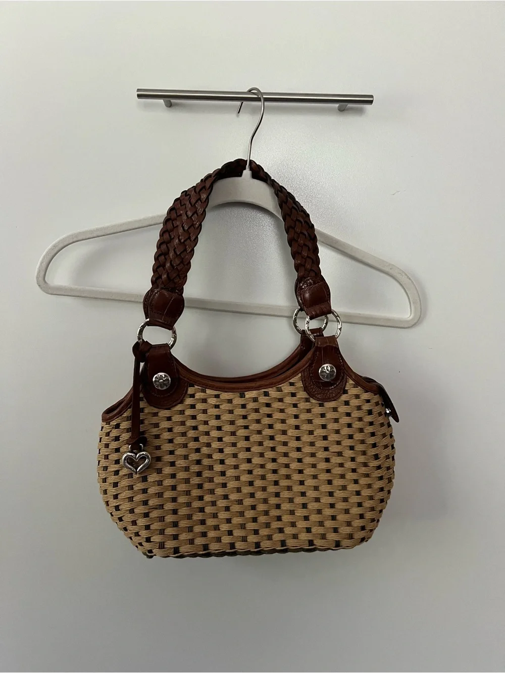 Woven Straw Shoulder Bag with Brown Leather Trim